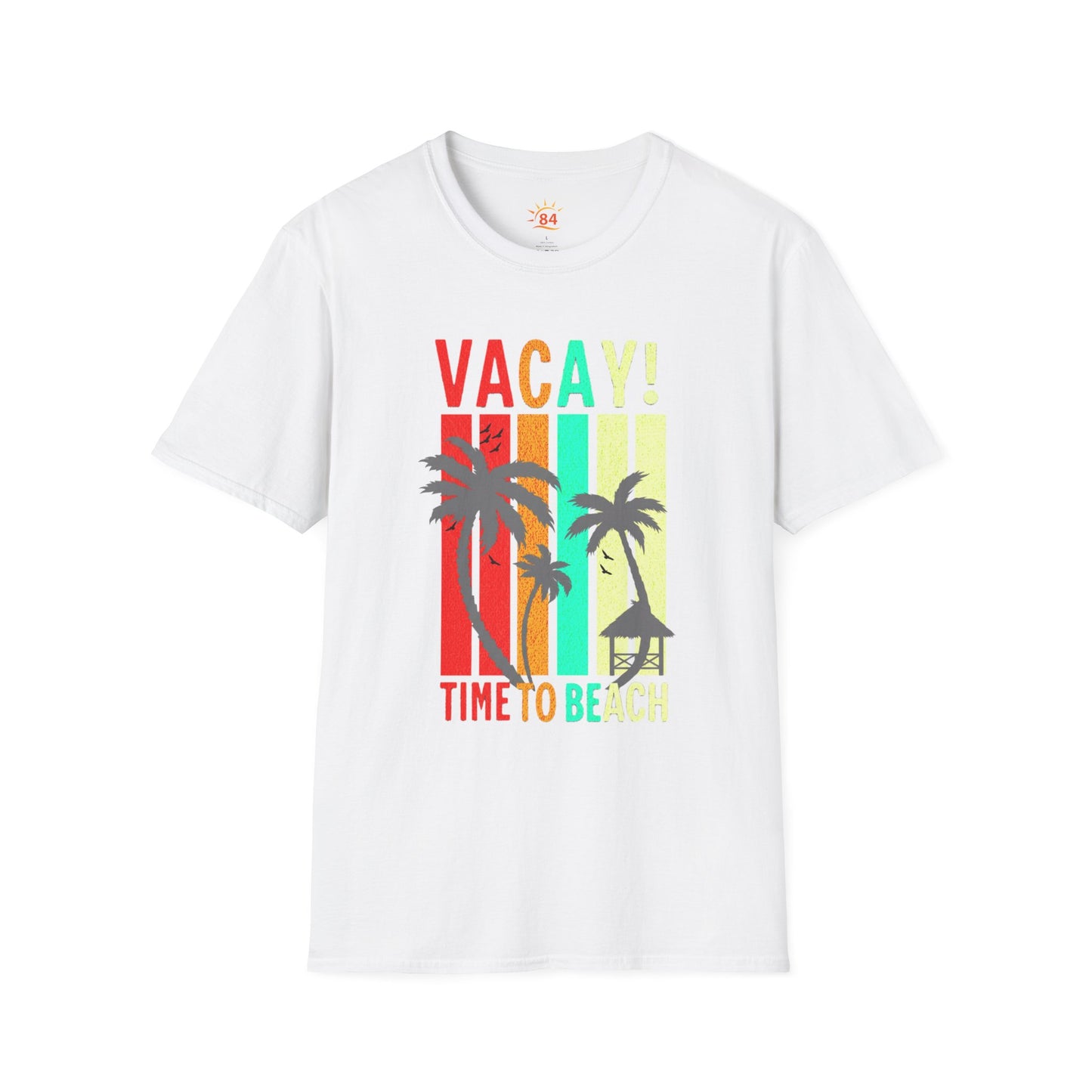 a white t-shirt with 'VACAY! TIME TO BEACH' text and palm tree graphics 