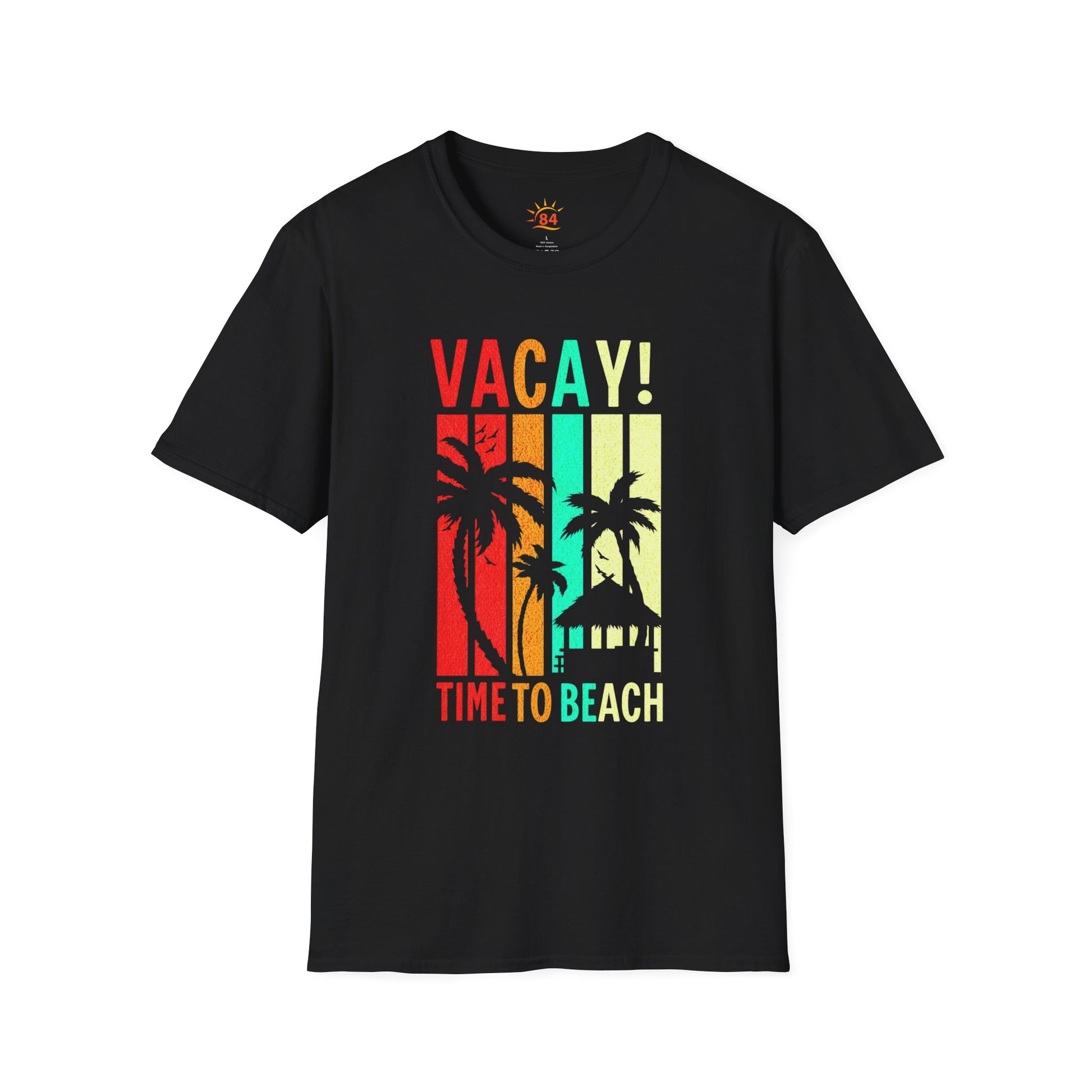 A black t-shirt with 'VACAY! TIME TO BEACH' text and palm tree graphics