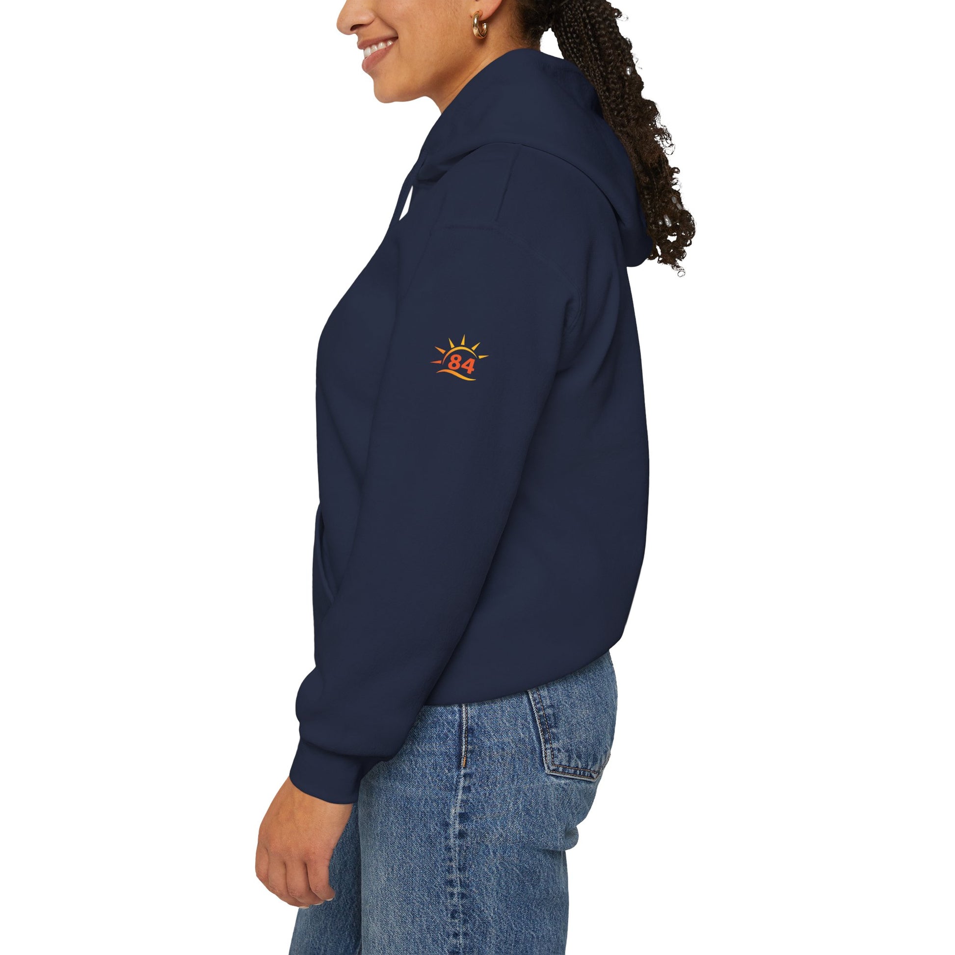 A navy blue Ethiopian Buna graphic print hoodie with logo on sleeve