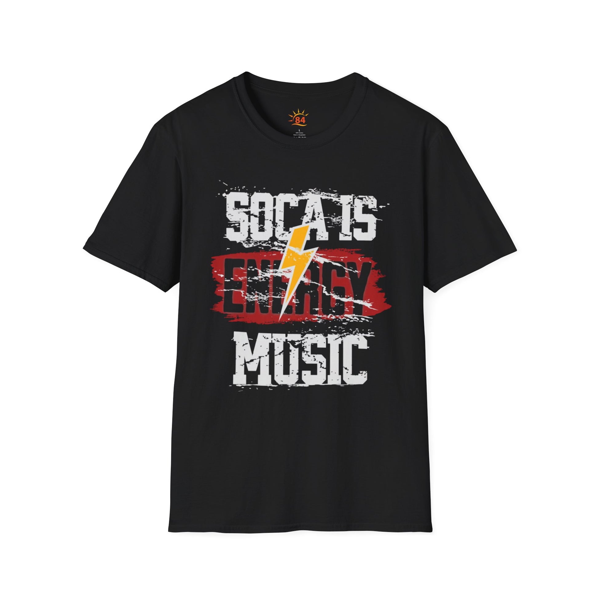 A black 'Soca is Energy Music' t-shirt.