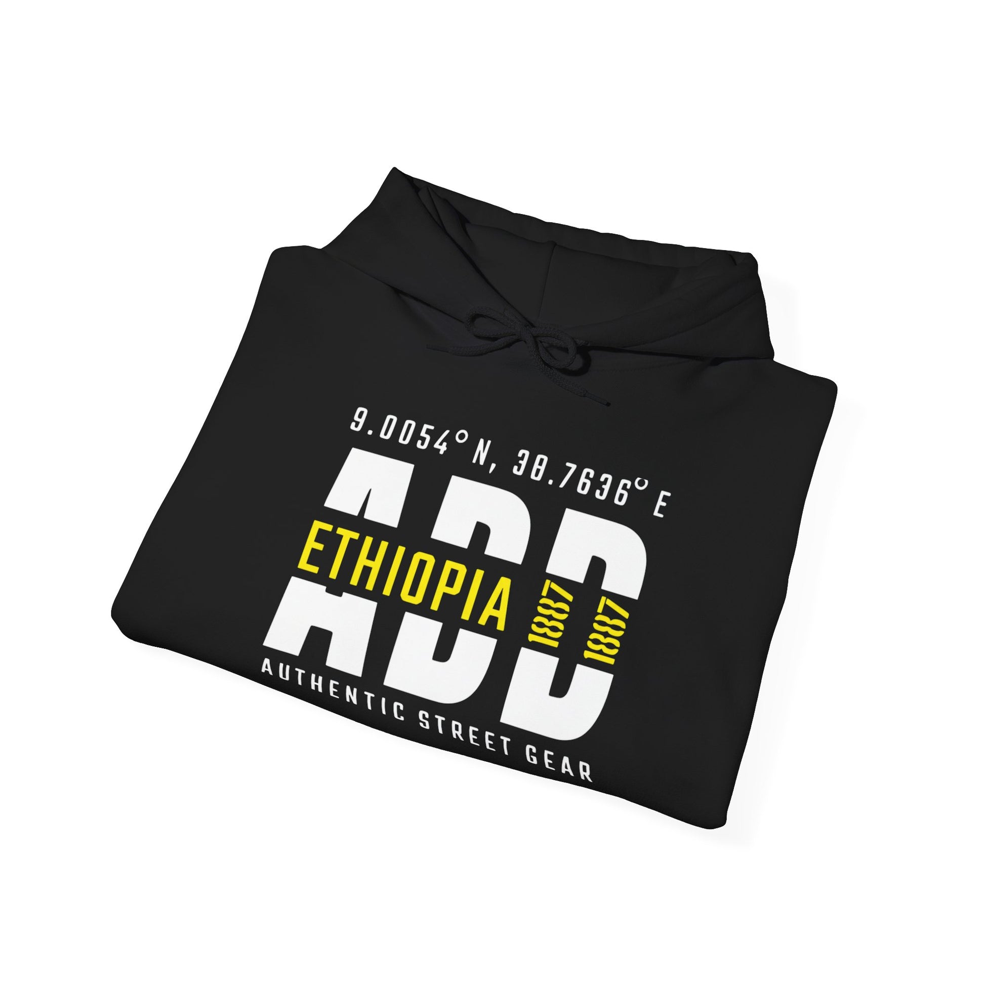 A black folded hoodie with Addis Ababa, Ethiopia, ADD Airport code and coordinates