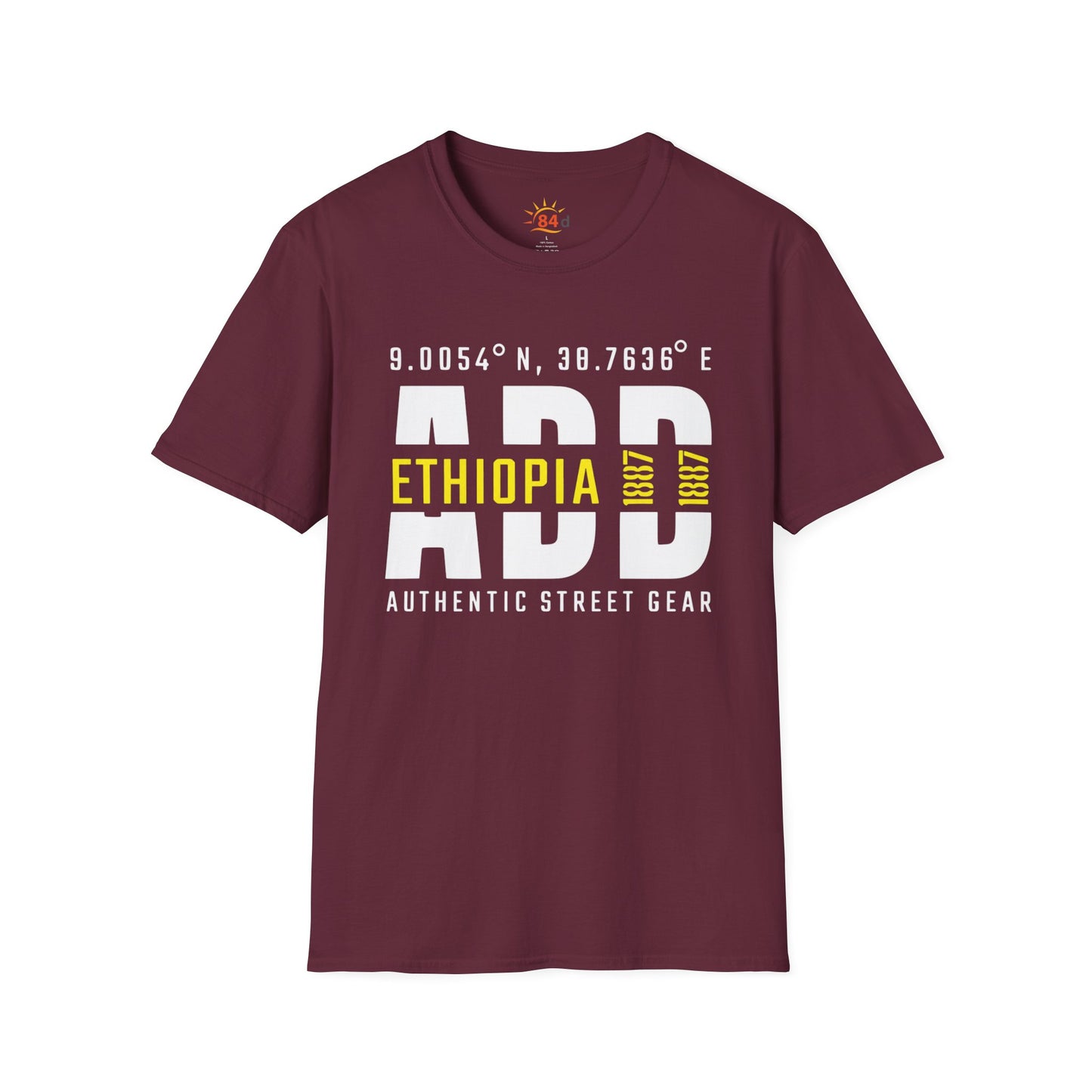 A maroon t-shirt with Addis Ababa, Ethiopia, ADD Airport code and coordinates.