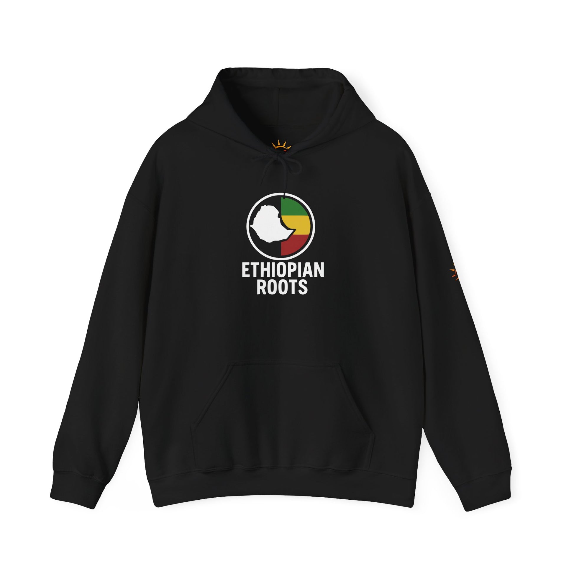 A black hoodie with 'Ethiopian Roots' flag and map design