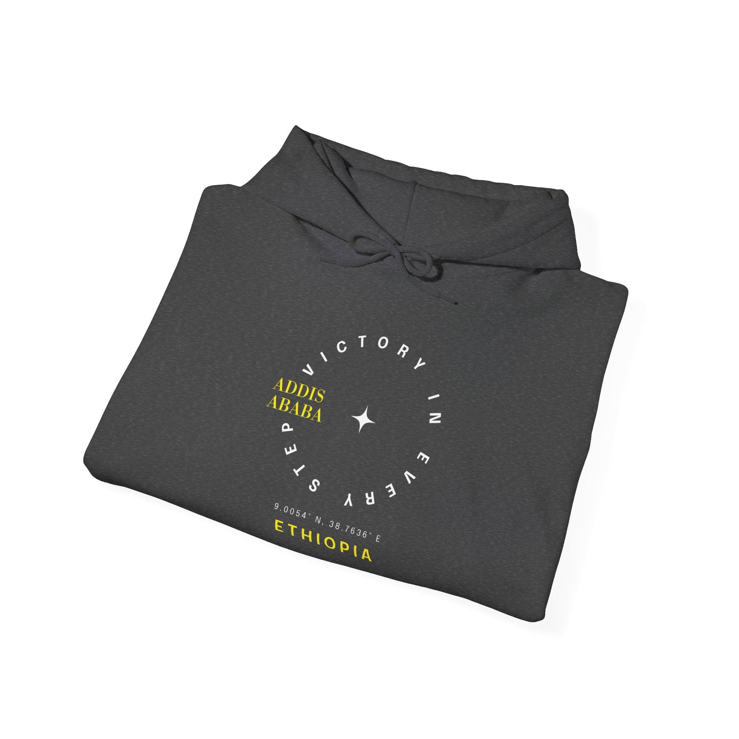 A dark heather gray folded Ethiopia Addis Ababa hoodie with coordinates text and graphics