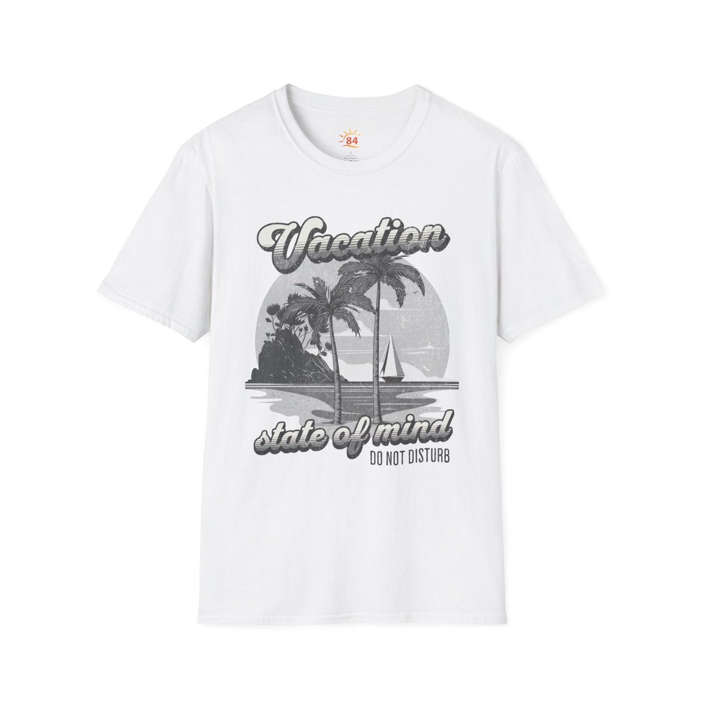 A white t-shirt with a graphic print and text that says Vacation - State of Mind - Do not disturb