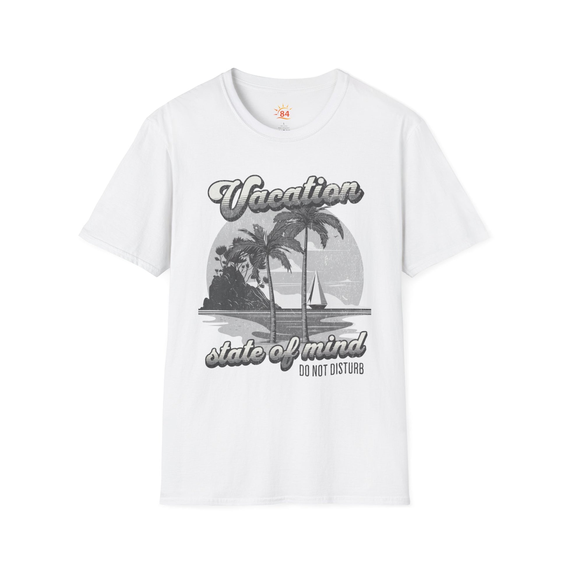 A white t-shirt with a graphic print and text that says Vacation - State of Mind - Do not disturb