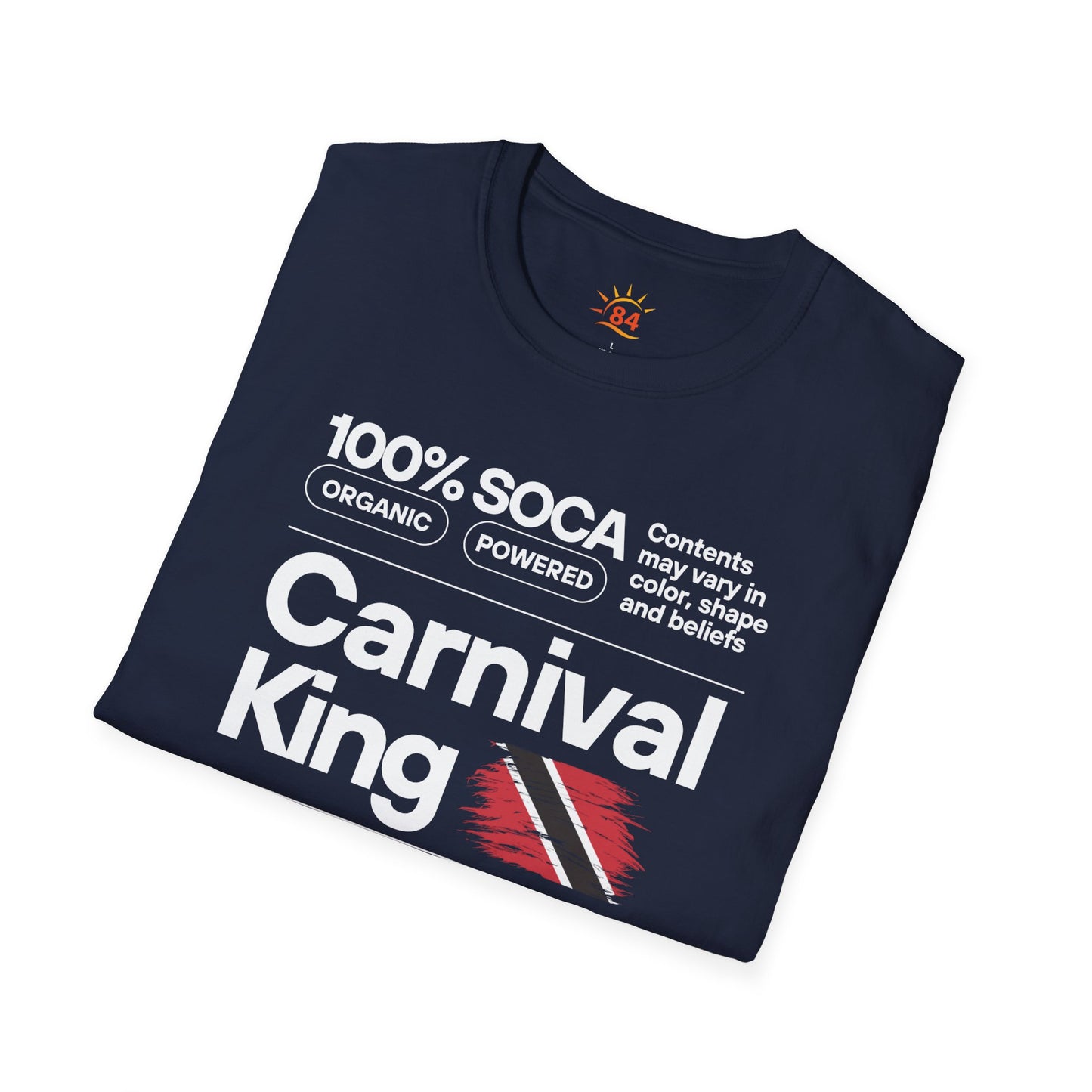 Folded navy blue t-shirt with 'Carnival King' text and flag design on a white background