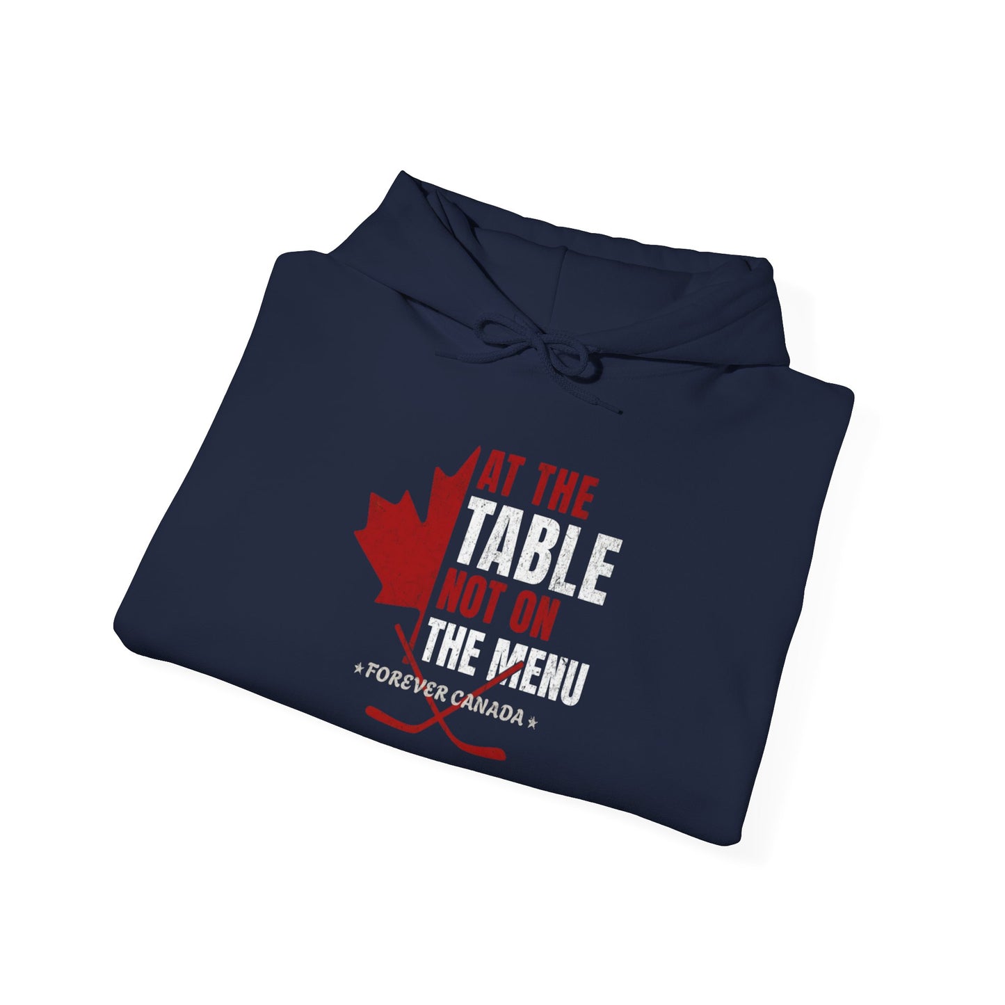 A folded navy blue hoodie with a red and white graphic design. We are at the table not on the menu