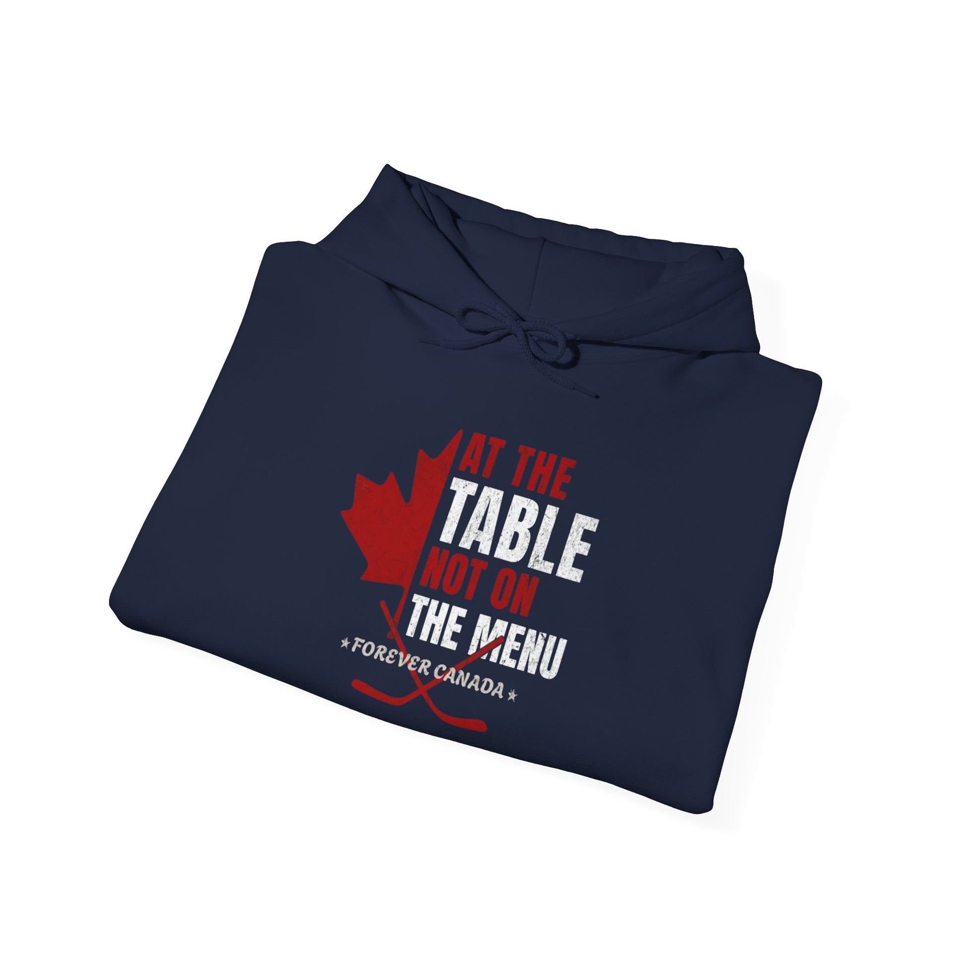 A folded navy blue hoodie with a red and white graphic design. We are at the table not on the menu