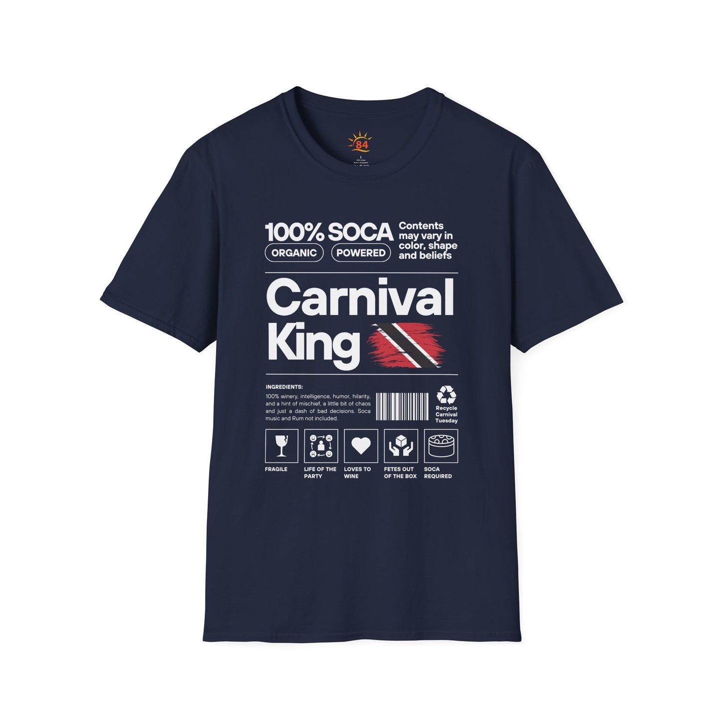 Navy blue t-shirt with 'Carnival King' text and graphics on a white background