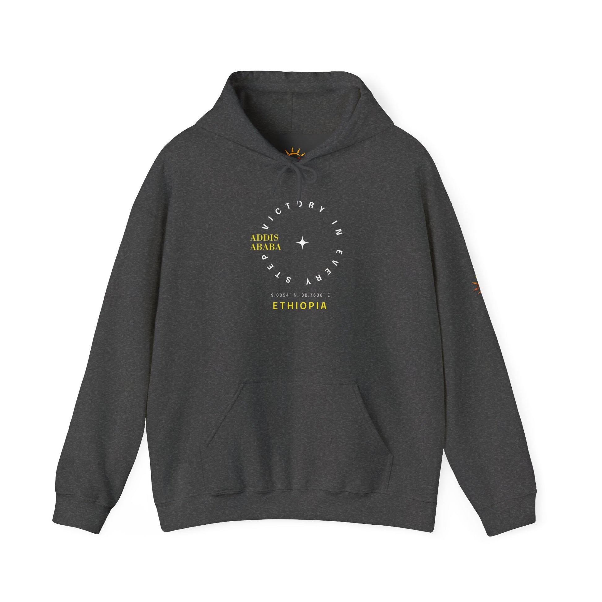 A gray Ethiopian Addis Ababa hoodie with minimalist text design 