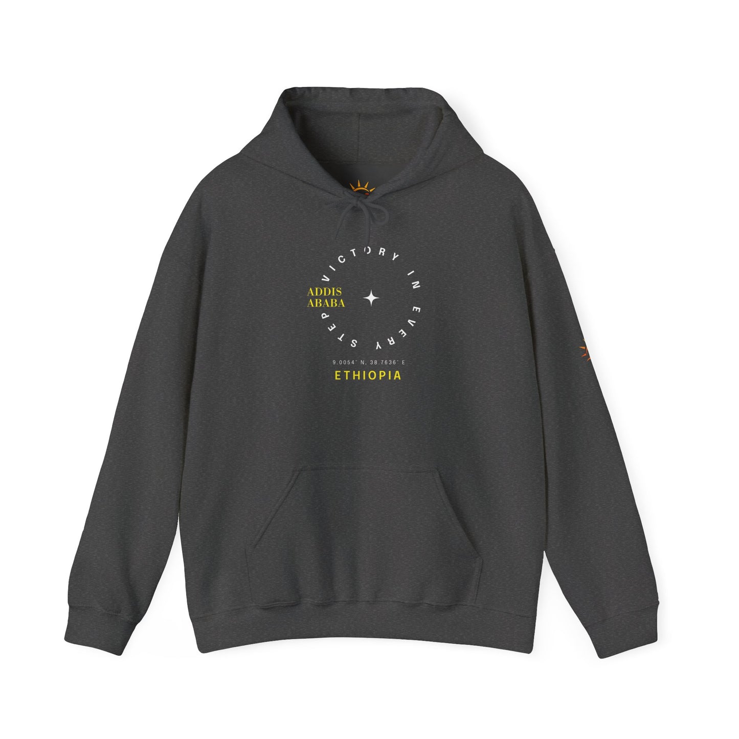 A dark heather gray Ethiopia Addis Ababa hoodie with coordinates text and graphics