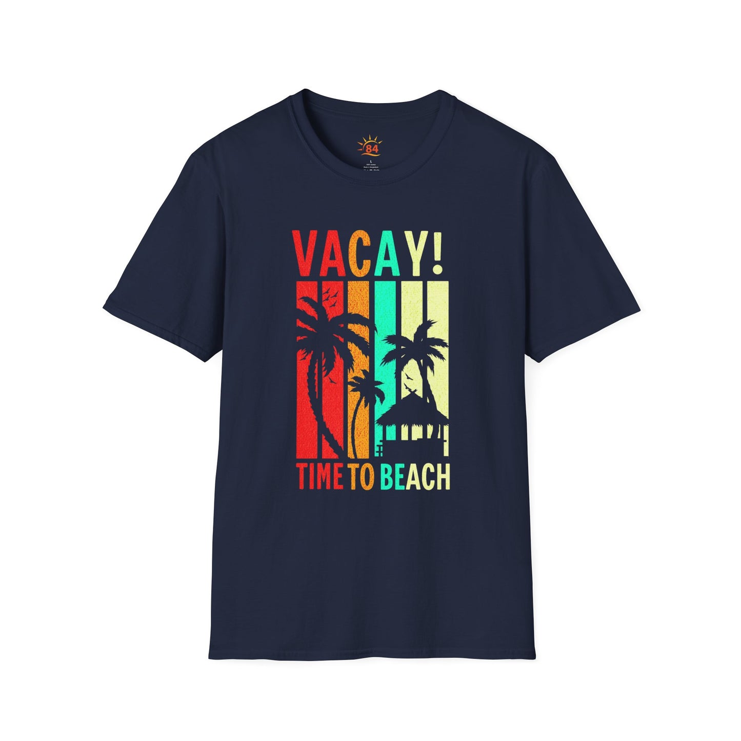 a navy blue t-shirt with 'VACAY! TIME TO BEACH' text and palm tree graphics