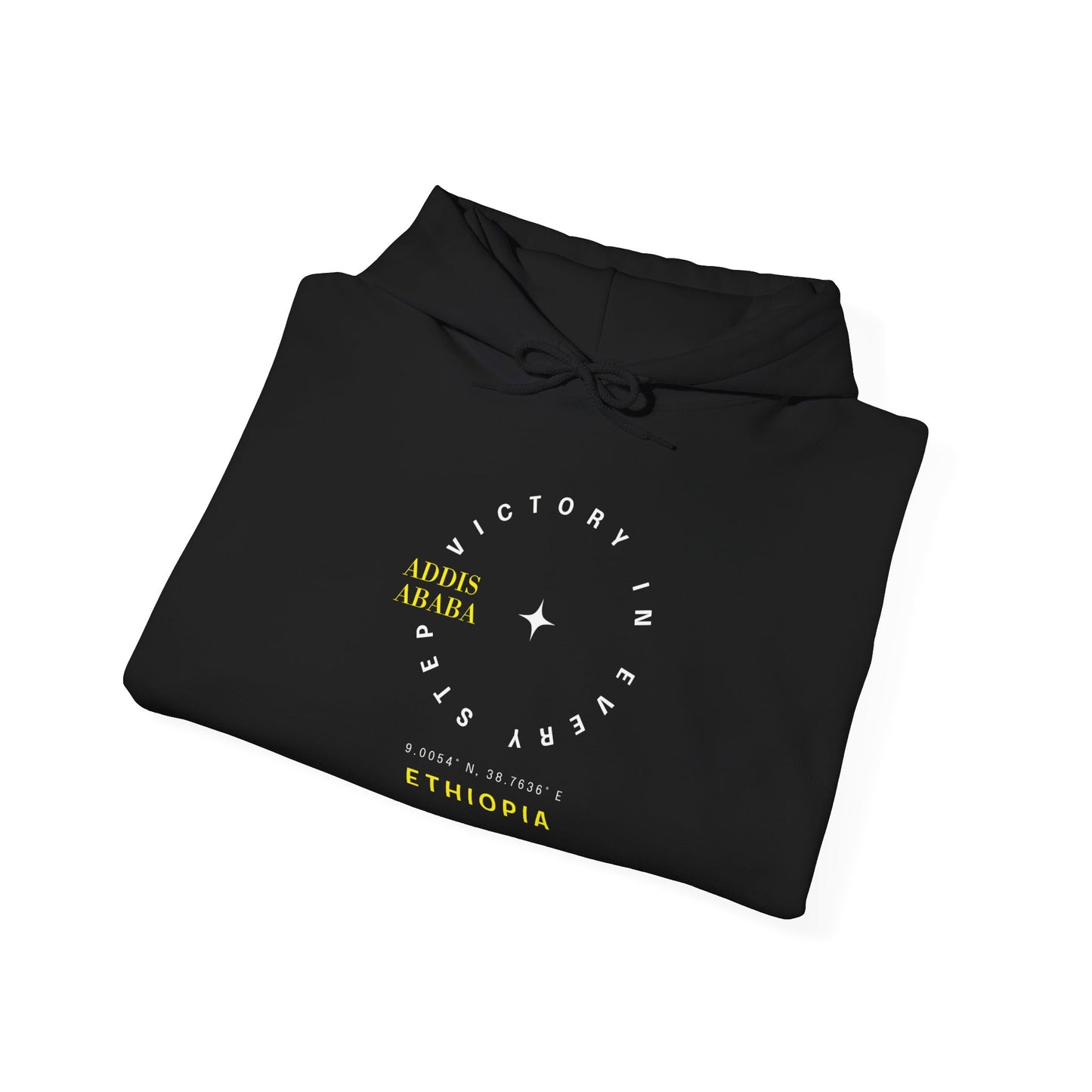 A folded Black Ethiopian Addis Ababa hoodie with minimalist text design 