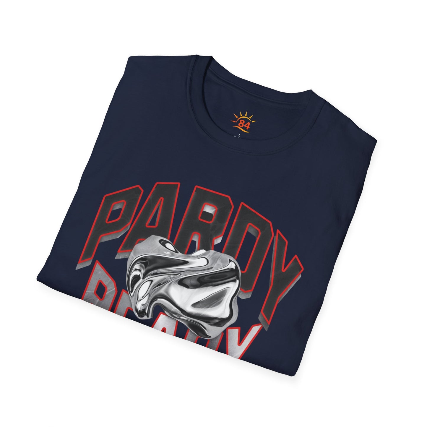 A folded navy blue carnival t-shirt with 'Pardy Ready' graphic