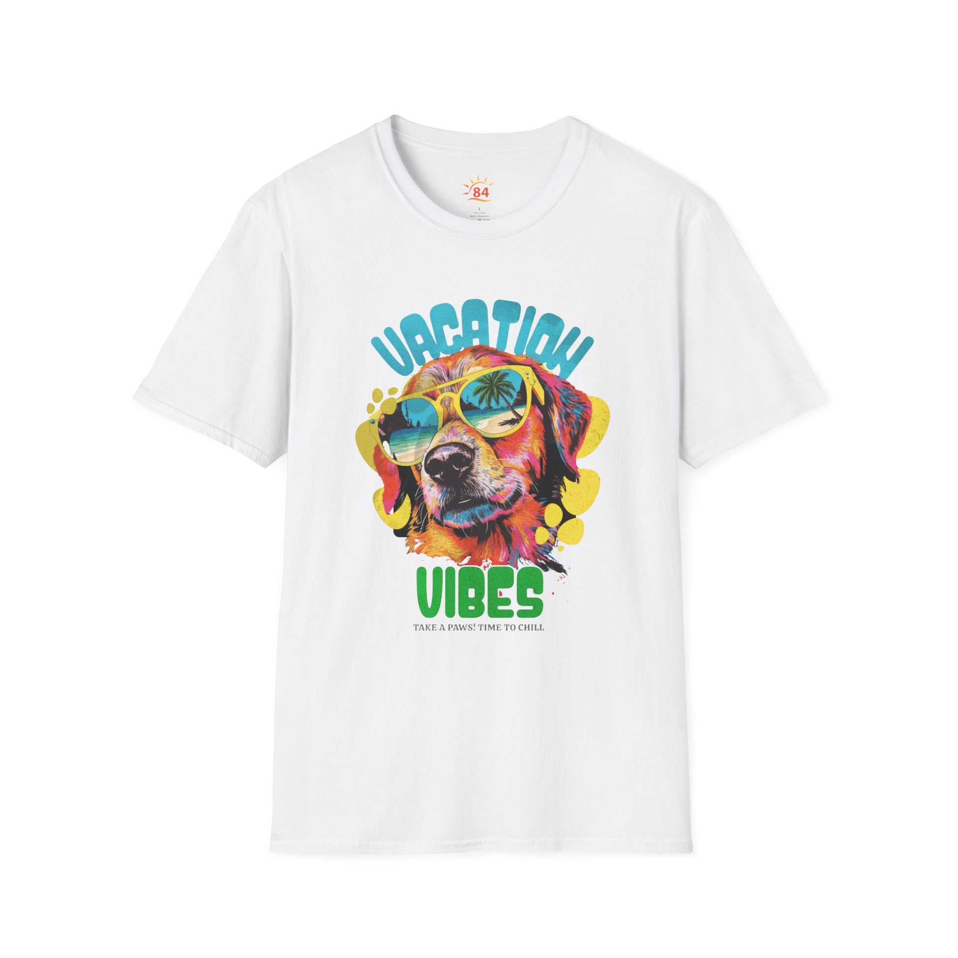 A white t-shirt with a dog wearing sunglasses and text that says Vacation Vibes Take a Paws! Time to chill. 