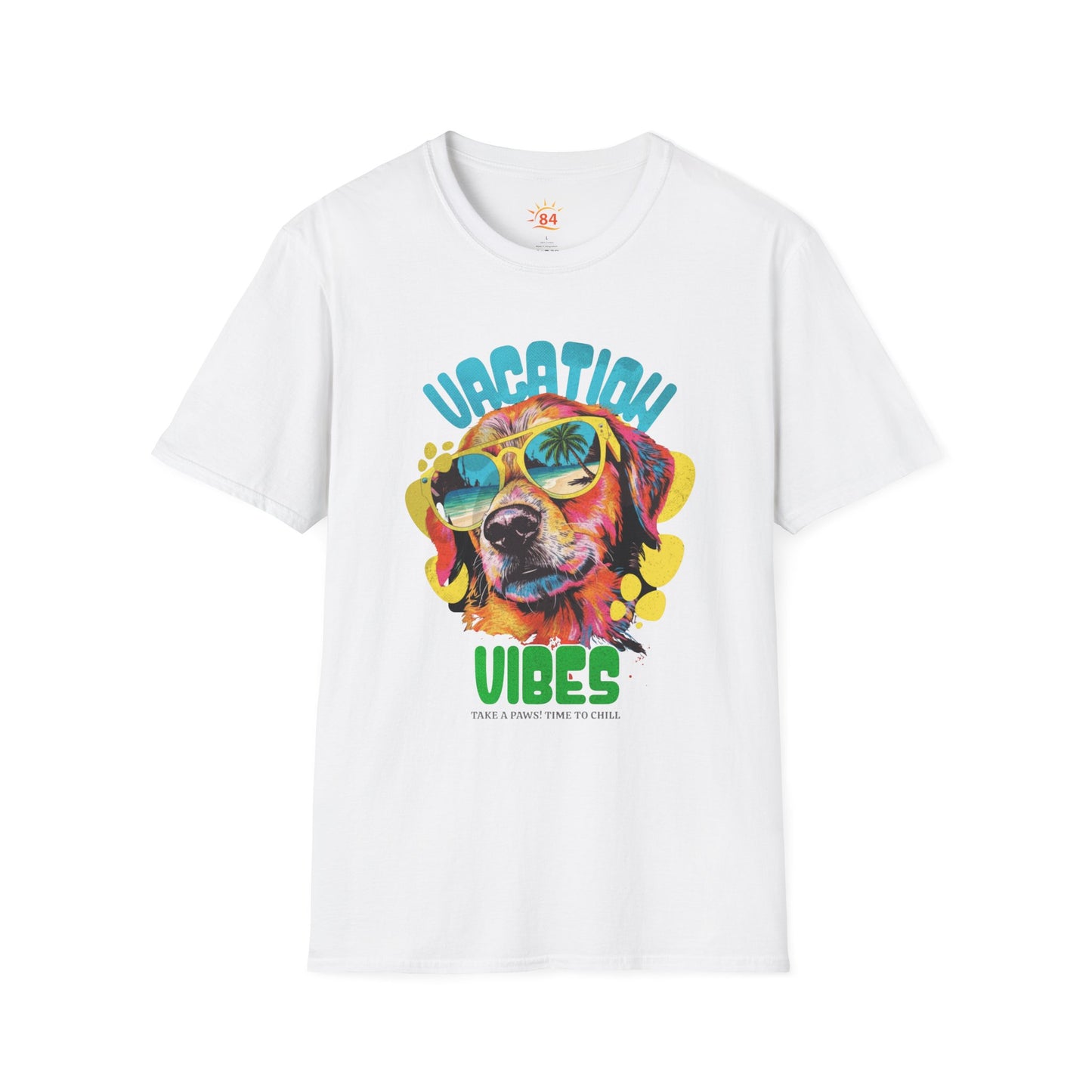A white t-shirt with a dog wearing sunglasses and text that says Vacation Vibes Take a Paws! Time to chill. 