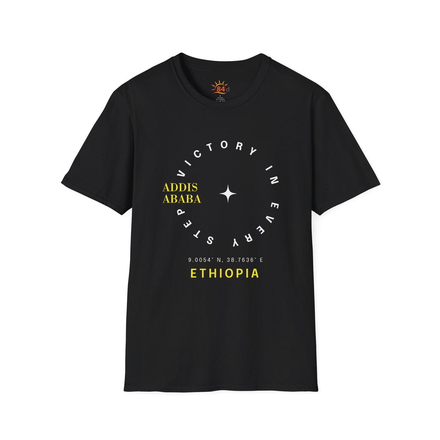 Black Ethiopian, Addis Ababa, minimalist, t-shirt with yellow and white text on a white background