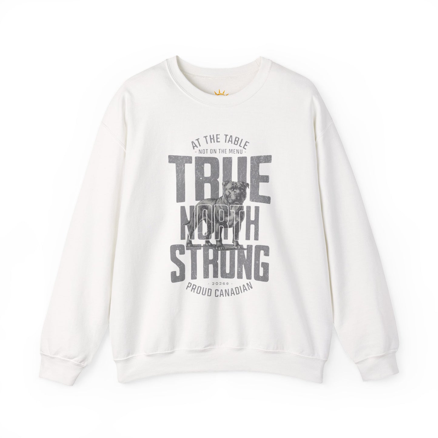 A white sweatshirt with text and graphics, True North Strong.