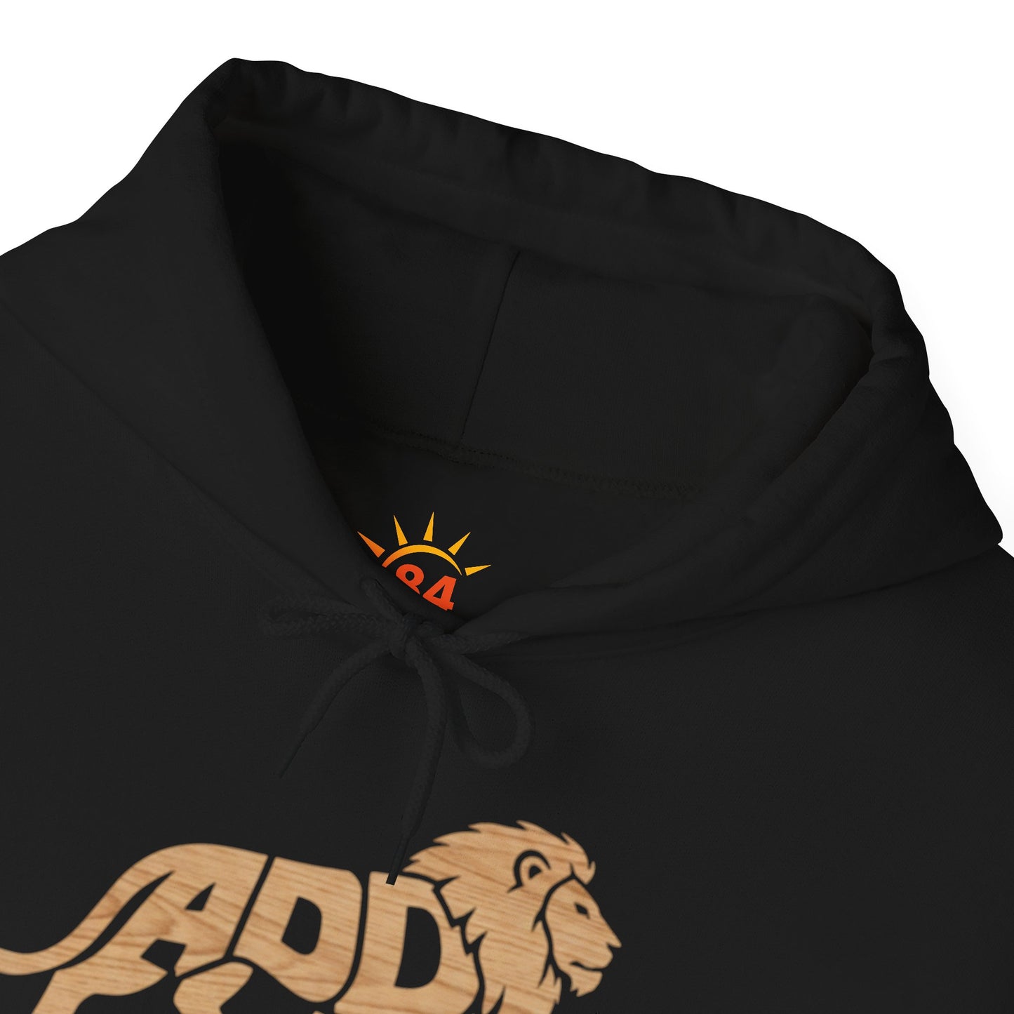 A folded black hoodie with a lion logo and Addis Ababa, Ethiopia coordinates.