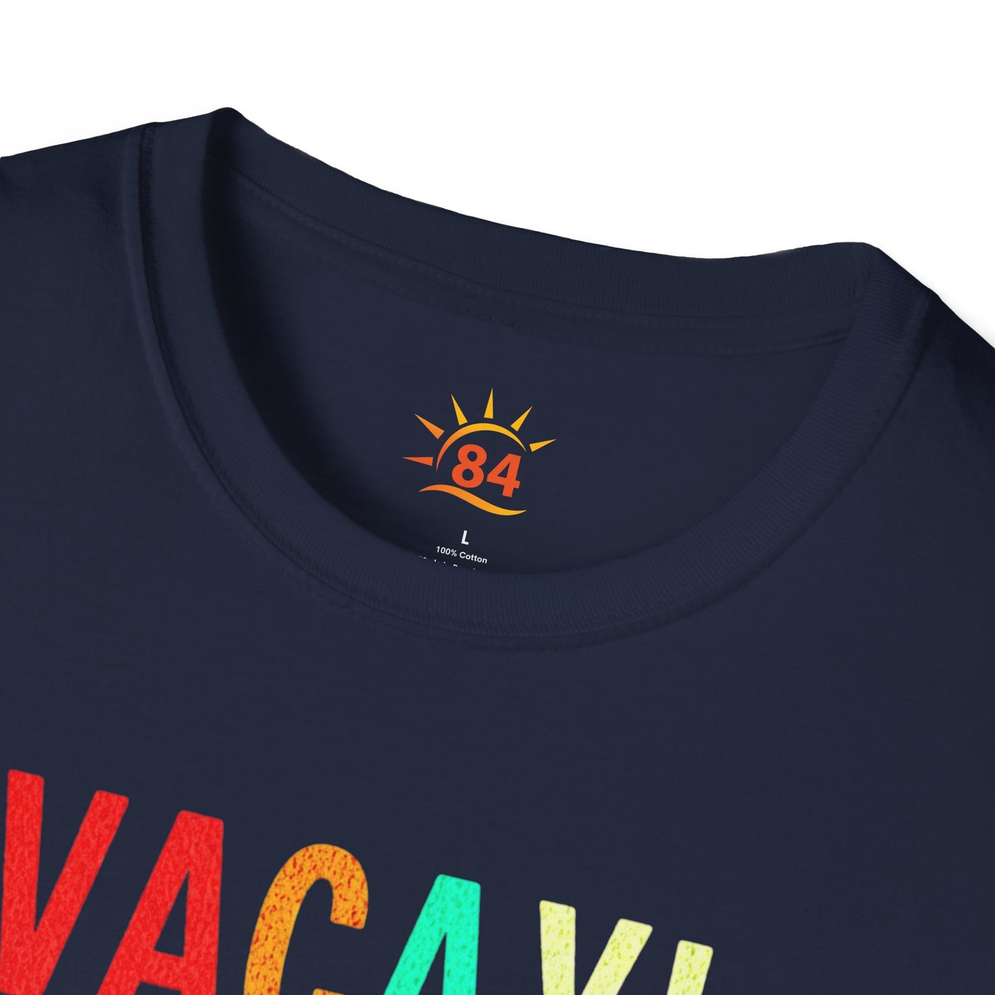 a folded navy blue t-shirt with 'VACAY! TIME TO BEACH' text and palm tree graphics