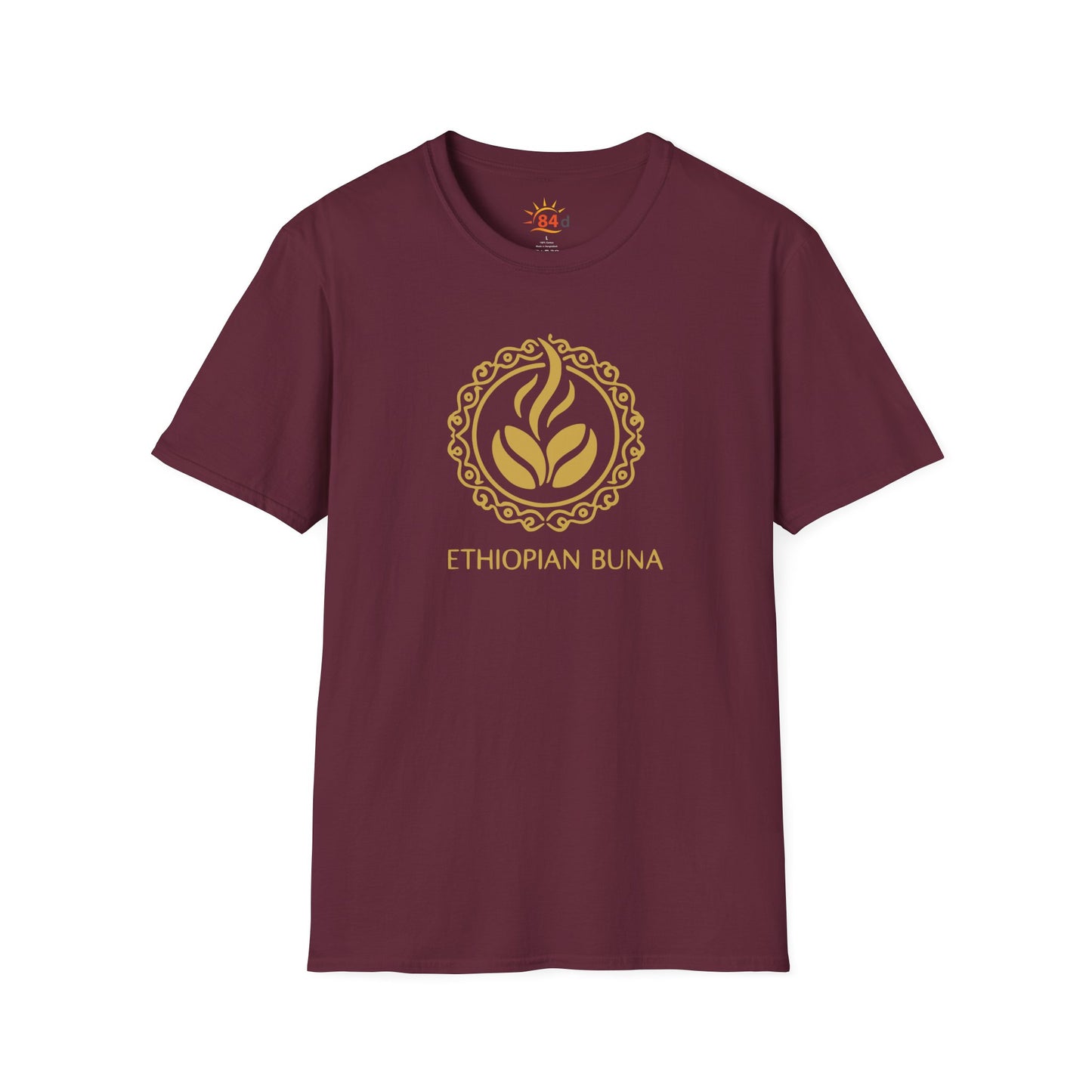 A maroon Ethiopian Buna graphic print t-shirt