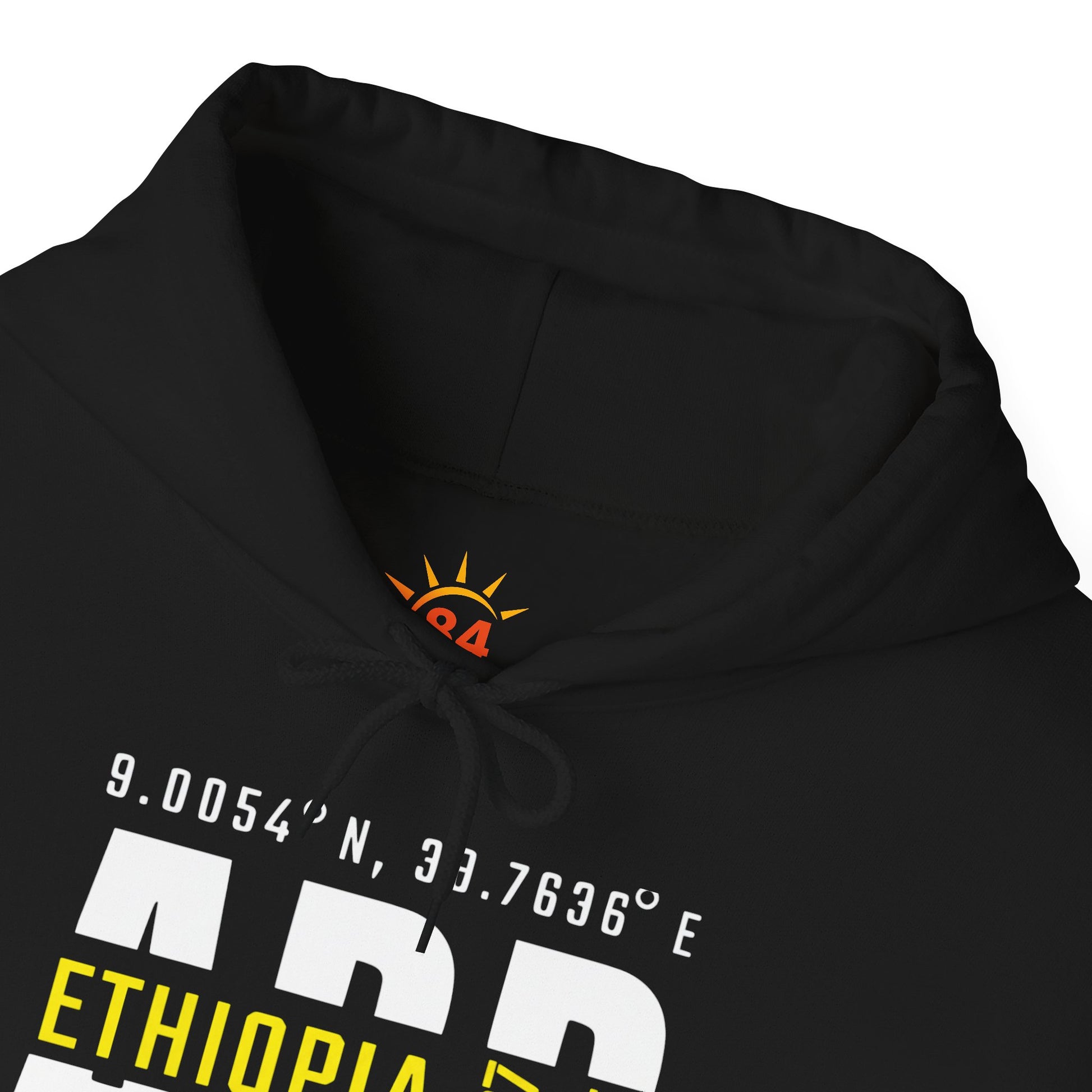 A black hoodie with Addis Ababa, Ethiopia, ADD Airport code and coordinates