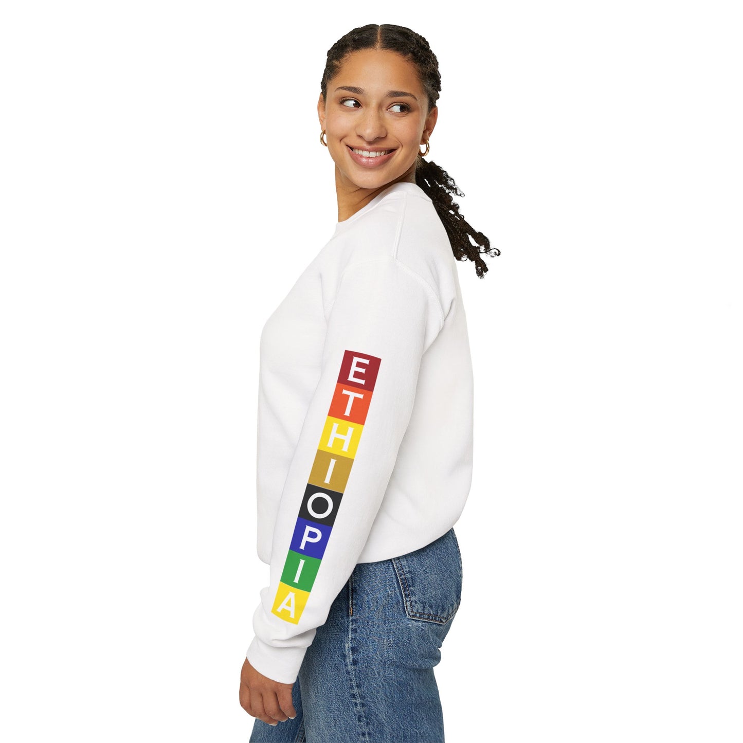 Woman wearing a white Addis, Ethiopia, color block,  long-sleeve sweat shirt, side view.