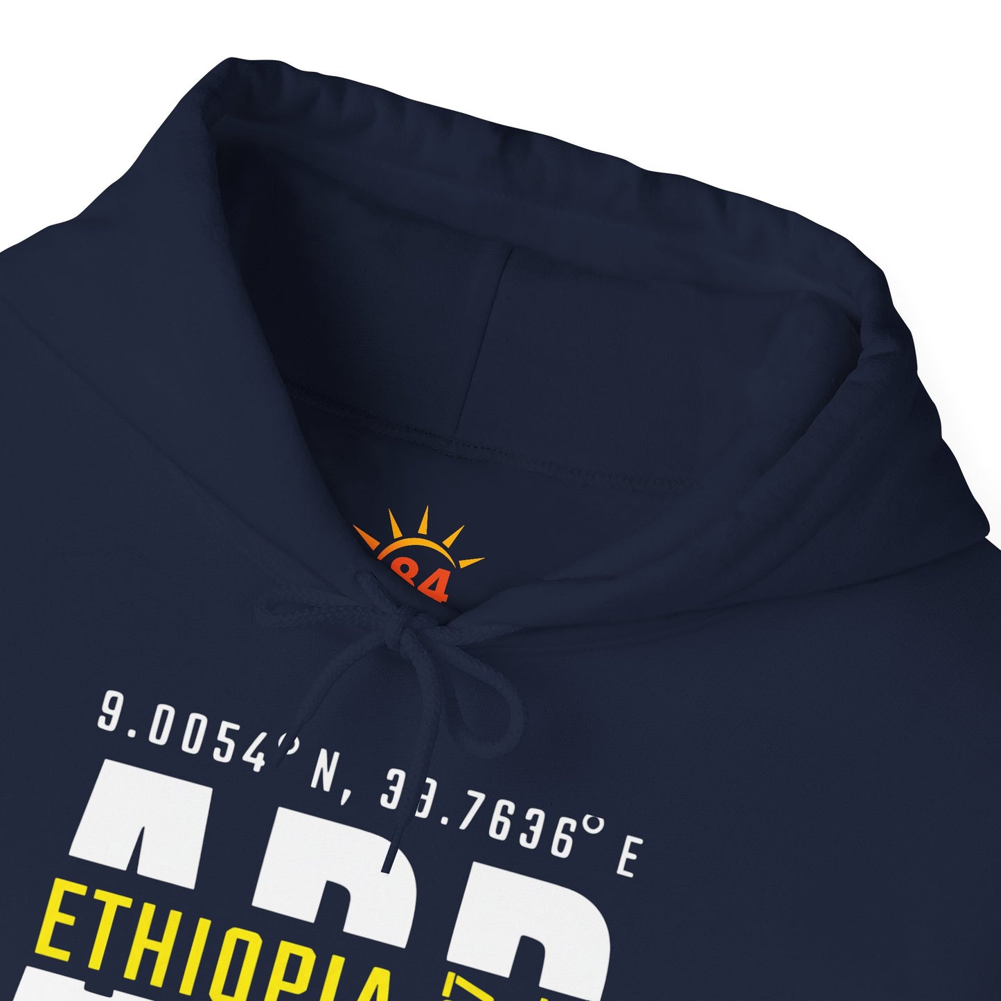 A blue hoodie with Addis Ababa, Ethiopia, ADD Airport code and coordinates