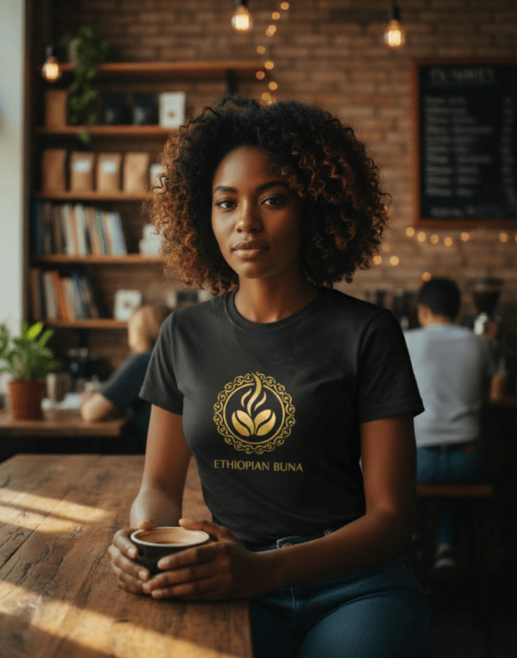 Woman wearing a black Ethiopian Buna graphic print t-shirt holding a cup of coffee in a cozy cafe setting
