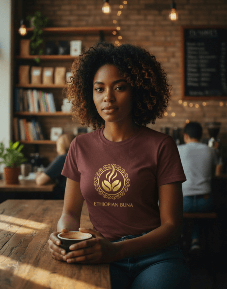 Woman wearing a maroon Ethiopian Buna graphic print t-shirt holding a cup of coffee in a cozy cafe setting