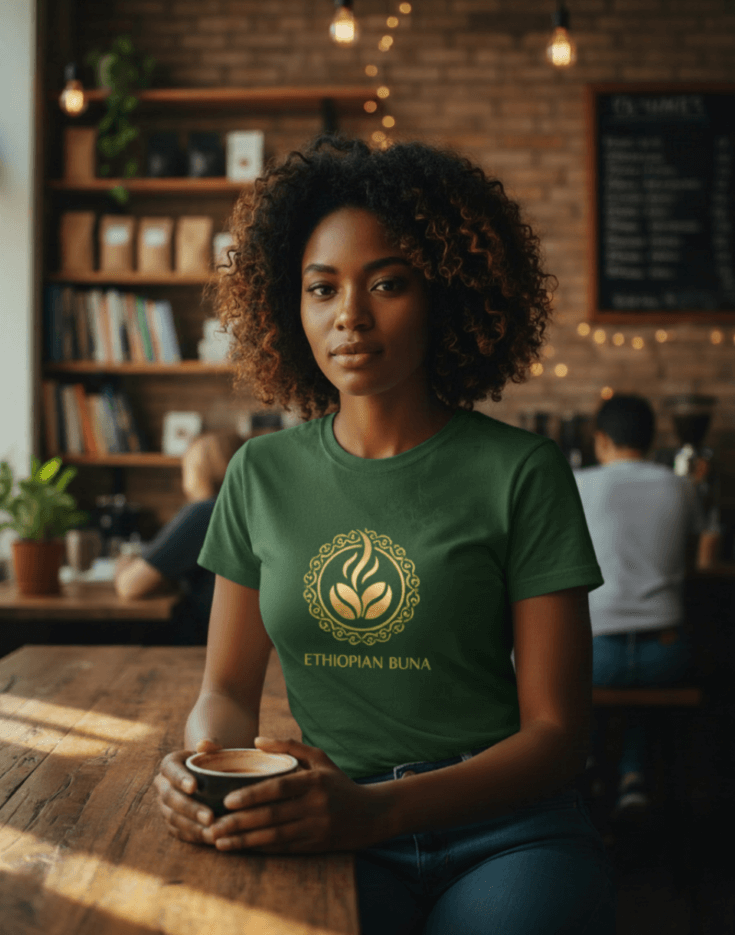 Woman wearing a forest green Ethiopian Buna graphic print t-shirt holding a cup of coffee in a cozy cafe setting