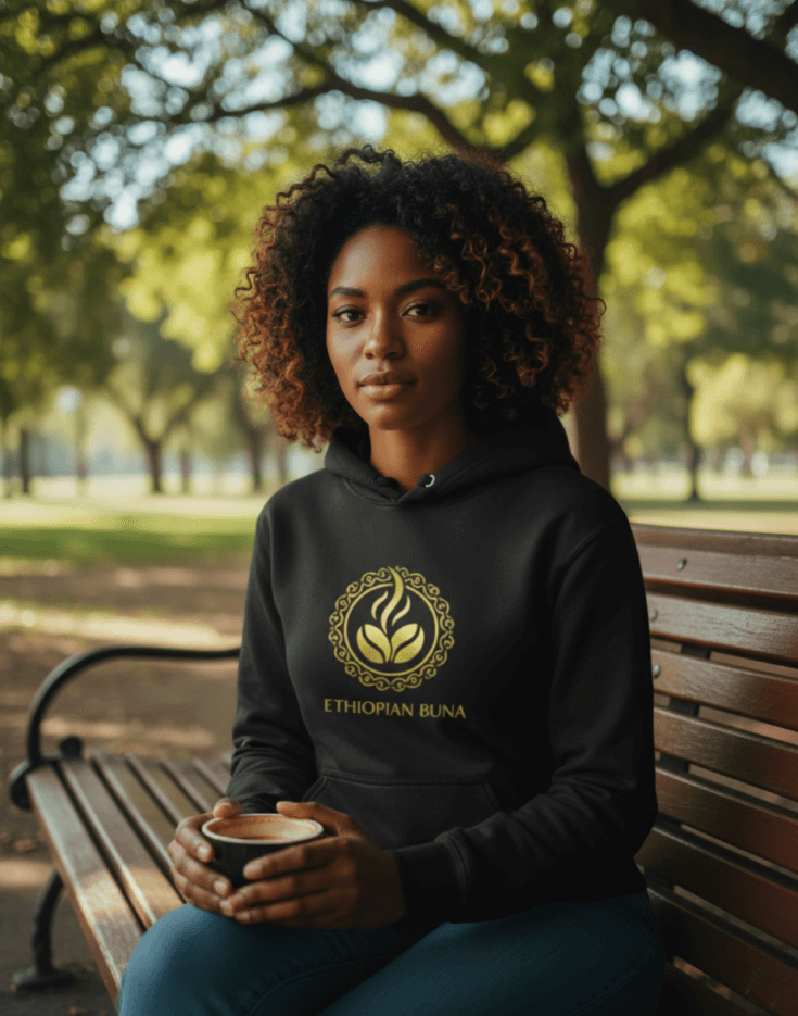 Woman wearing a black Ethiopian Buna graphic print hoodie holding a cup of coffee in a cozy setting