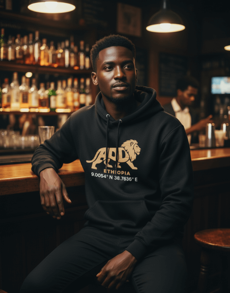 Man wearing a black hoodie with a lion logo and Addis Ababa, Ethiopia coordinates sitting at a bar.