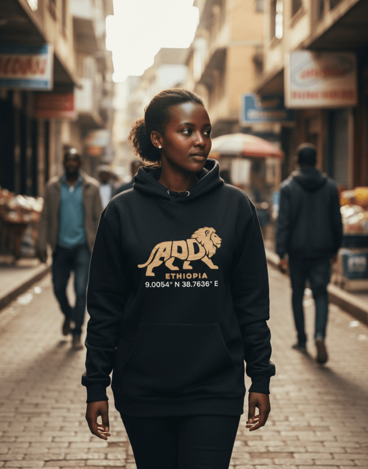 Woman wearing a black hoodie with a lion logo and Addis Ababa, Ethiopia coordinates walking down street.
