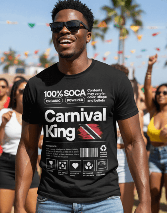 Man wearing a black 'Carnival King' t-shirt in a festive outdoor setting