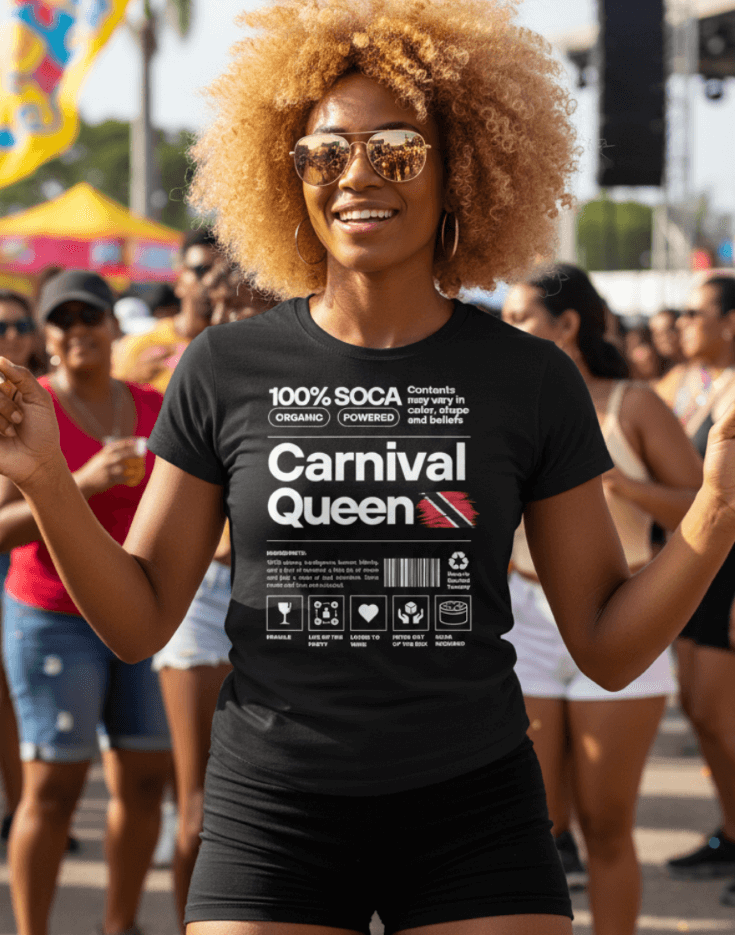 Woman wearing a black 'Carnival Queen' t-shirt in a festive outdoor setting