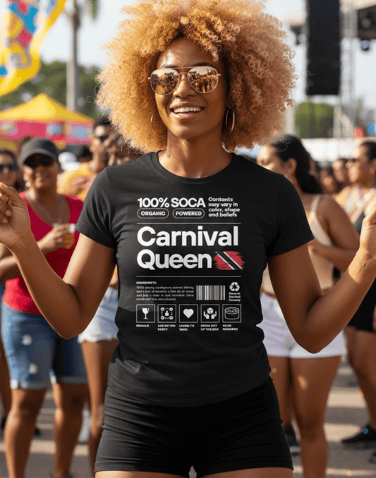 Woman wearing a black 'Carnival Queen' t-shirt in a festive outdoor setting