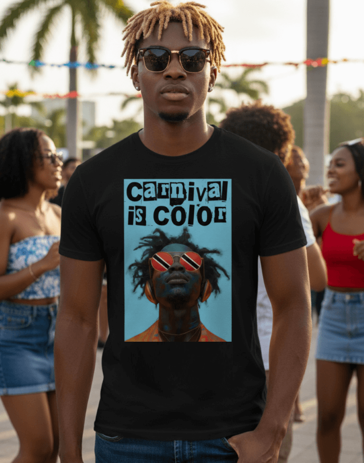 Man wearing a black Carnival is Color Trinidad and Tobago t-shirt, standing outdoors with people in the background.