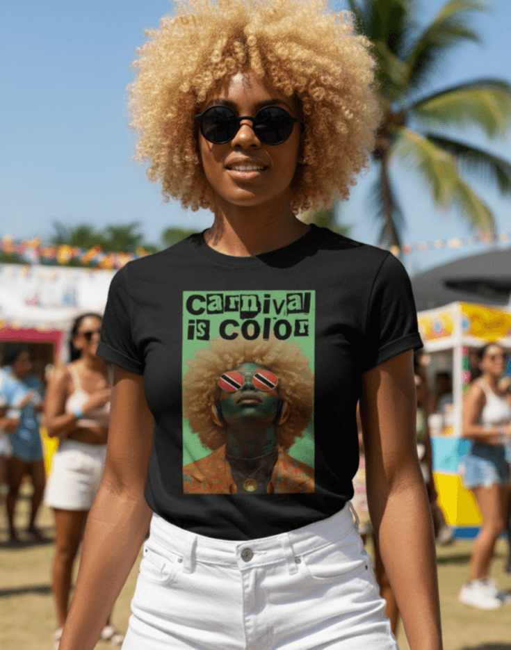 Woman wearing a black Carnival is Color Trinidad and Tobago t-shirt, standing outdoors with people in the background.