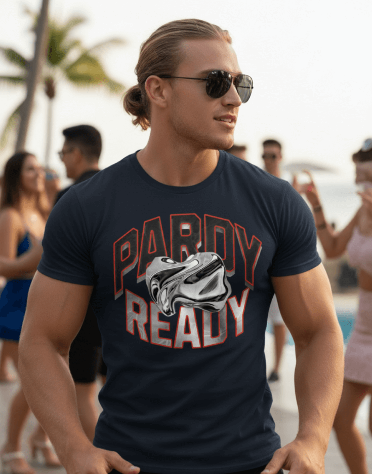 Man wearing a navy blue carnival t-shirt with 'Pardy Ready' graphic at a party.