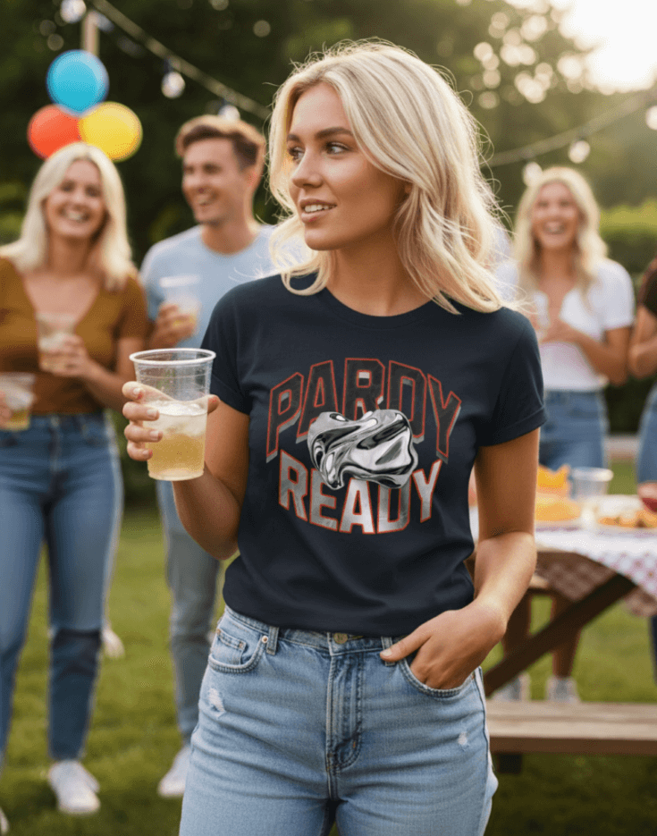 Woman wearing a navy blue carnival t-shirt with 'Pardy Ready' graphic at a party.