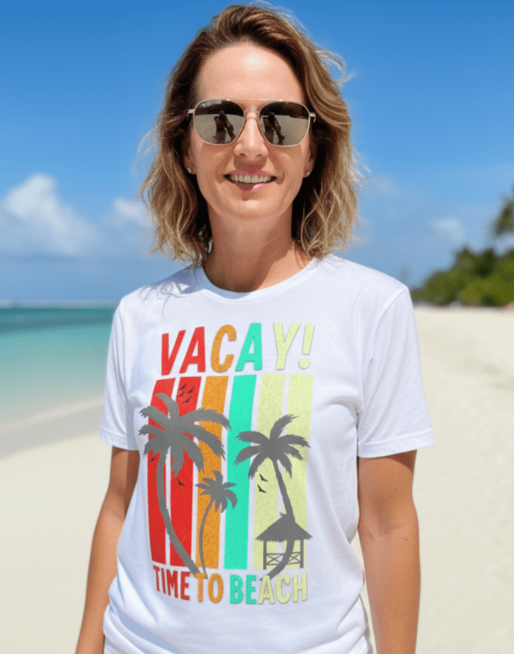 Woman wearing a white t-shirt with 'VACAY! TIME TO BEACH' text and palm tree graphics on a beach.