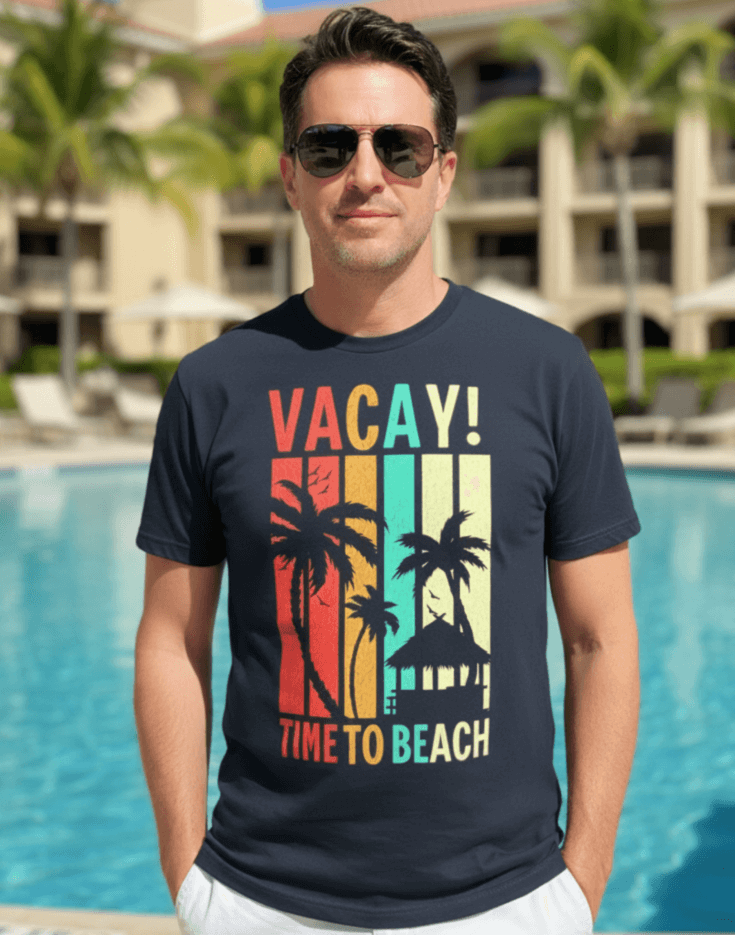 Man wearing a navy blue t-shirt with 'VACAY! TIME TO BEACH' text and palm tree graphics