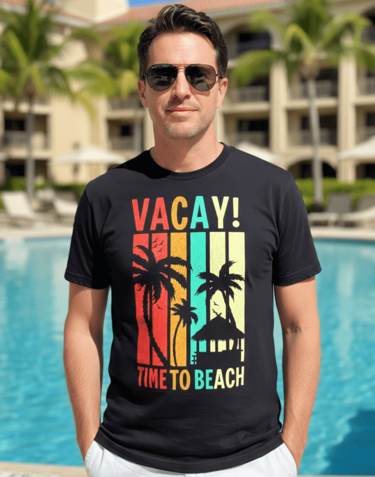 Man wearing a black t-shirt with 'VACAY! TIME TO BEACH' text and palm tree graphics