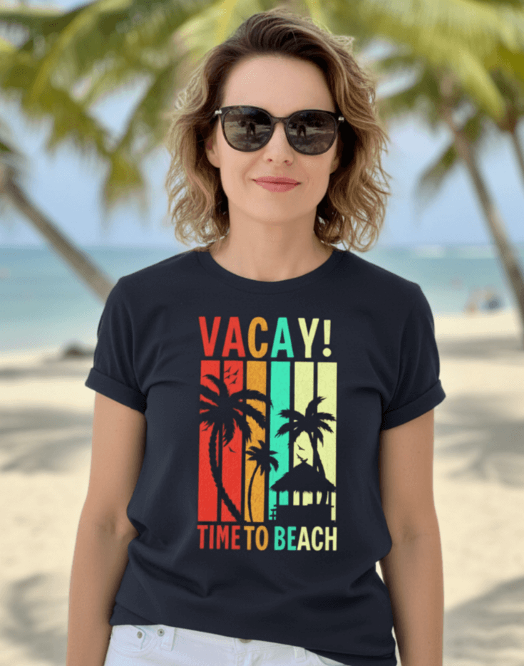 Woman wearing a navy blue t-shirt with 'VACAY! TIME TO BEACH' text and palm tree graphics