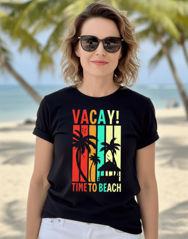 Woman wearing a black t-shirt with 'VACAY! TIME TO BEACH' text and palm tree graphics