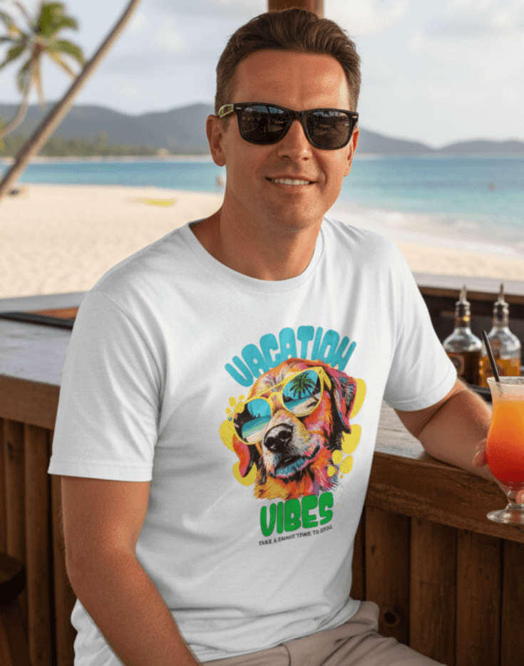 Man with a white t-shirt with a dog wearing sunglasses and text that says Vacation Vibes Take a Paws! Time to chill. Man is sitting at a bar