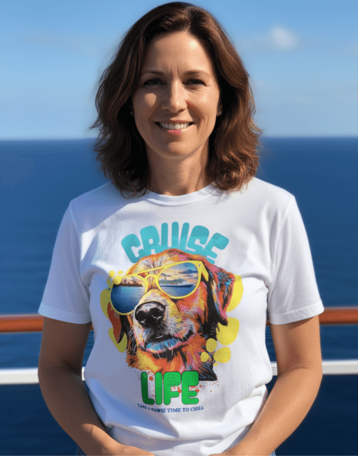 Woman with a white t-shirt with a dog wearing sunglasses and text that says Cruise Life Take a Paws! Time to chill. Woman is standing on a cruise ship