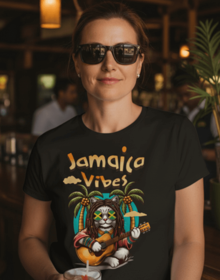 Woman standing in a bar wearing a black t-shirt with Jamaica Vibes text and Jamaica flag reggae inspired graphic. 